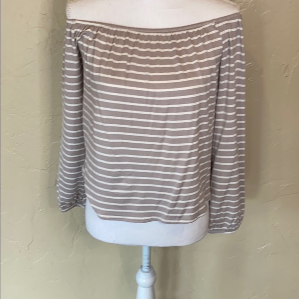 Beige and white striped off the shoulder blouse